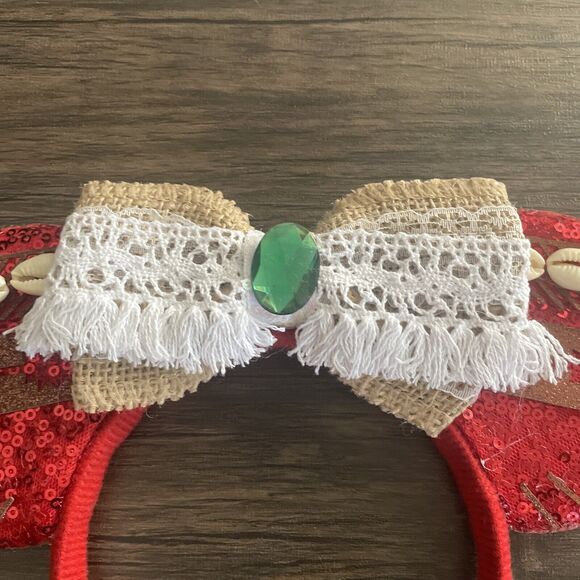 Girls Princesses Red Sequin Ear Headband Shells Gold Burlap Lace - Picture 3 of 6